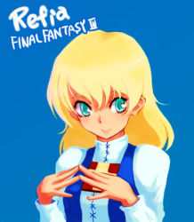 Rule 34 | 1990s (style), 1girl, blonde hair, blue background, character name, copyright name, final fantasy, final fantasy iii, green eyes, kara (color), lowres, refia, solo, steepled fingers, traditional media, upper body