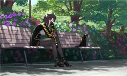 Rule 34 | 1girl, bench, black footwear, black pantyhose, black skirt, blazer, breasts, cat, closed mouth, day, flower, framed breasts, full body, girls&#039; frontline, gloves, hair ribbon, half updo, head on hand, head rest, high-waist skirt, jacket, large breasts, leaning forward, long hair, looking at animal, necktie, one side up, outdoors, pantyhose, purple hair, red eyes, red necktie, ribbon, scenery, shade, shirt, shoes, sitting, skirt, solo, tree, very long hair, wa2000 (girls&#039; frontline), wasabi60