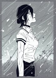 Rule 34 | 12n zi, 1girl, black pants, buttons, chainsaw man, choker, collared shirt, eyelashes, grenade pin, hair tied, hair tied back, long hair, looking at viewer, monochrome, pants, ponytail, profile, rain, reze (chainsaw man), shirt, short sleeves, smile, solo, water, wet, wet clothes, wet shirt, white shirt