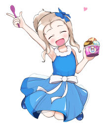 Rule 34 | 1girl, :d, aged down, arm up, baskin-robbins, blue bow, blue dress, blue footwear, bow, closed eyes, commentary, dress, dress bow, drill hair, flats, floating, food, girls und panzer, hair bow, heart, highres, holding, holding food, holding spoon, ice cream, marie (girls und panzer), medium dress, medium hair, open mouth, shibainutank, short ponytail, sleeveless, sleeveless dress, smile, solo, spoon