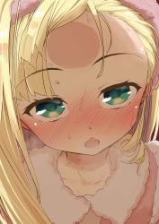Rule 34 | 1girl, blonde hair, blush, breath, close-up, commentary request, forehead, fur trim, green eyes, hairband, heavy breathing, highres, kukik0701, long hair, looking at viewer, mononobe alice, nijisanji, nose blush, open mouth, pajamas, pink pajamas, solo, sweat, virtual youtuber, wavy mouth