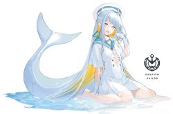 Rule 34 | 1girl, absurdres, barefoot, blonde hair, blue eyes, blue hair, cetacean tail, colored inner hair, commentary request, dolphin girl, dress, fins, fish tail, full body, gloves, highres, long hair, looking at viewer, multicolored hair, open mouth, original, shokuen (oxstl), short sleeves, simple background, sitting, smile, tail, very long hair, wariza, water, white background, white dress, white gloves, white headwear
