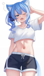 Rule 34 | 1girl, absurdres, animal ear fluff, animal ears, aoi zerii, black shorts, blue eyes, blue hair, blue ribbon, blush, breasts, cat ears, cat girl, cat tail, choker, commentary request, cropped shirt, dolphin shorts, hair between eyes, hair ribbon, highres, hololive, hoshimachi suisei, kemonomimi mode, long hair, looking at viewer, medium breasts, medium hair, midriff, navel, one eye closed, open mouth, ribbon, scratching head, shirt, short sleeves, shorts, side ponytail, sleepy, solo, squeans, star (symbol), star in eye, symbol in eye, tail, virtual youtuber, waking up, white background, white shirt, yawning