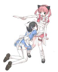 Rule 34 | 2girls, animal ears, apron, black eyes, black hair, blue dress, blush stickers, cat ears, closed eyes, dress, fake animal ears, full body, highres, holding, holding knife, hug, knife, looking at another, loose socks, maid, maid apron, multiple girls, open mouth, original, panties, pantyshot, pink dress, pink hair, short hair, simple background, socks, striped clothes, striped panties, sweatdrop, thighhighs, twintails, underwear, white background, white thighhighs, youyuu (melt yo103)