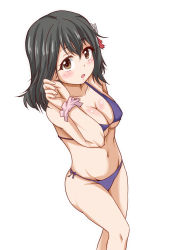 Rule 34 | 10s, 1girl, bikini, black hair, blush, breasts, brown eyes, cleavage, haguro (kancolle), highres, ippachi, kantai collection, looking at viewer, open mouth, scrunchie, short hair, simple background, solo, swimsuit, wrist scrunchie