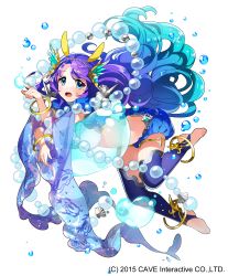 Rule 34 | 1girl, :o, absurdly long hair, absurdres, air bubble, akiru (hokuouhuuhu), anklet, bangle, blue eyes, blue footwear, blue hair, blue legwear, bracelet, bubble, coral hair ornament, gothic wa mahou otome, gradient hair, hand up, highres, jewelry, long hair, looking at viewer, midriff, multicolored hair, official art, purple hair, seashell, see-through, shell, silk, solo, very long hair, watermark