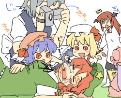 Rule 34 | 6+girls, :&lt;, :d, :o, ^^^, aged down, apron, baby, bad id, bad pixiv id, blonde hair, blue hair, blush stickers, book, braid, camera, drawing on another&#039;s face, drooling, embodiment of scarlet devil, female focus, flandre scarlet, hat, head wings, hong meiling, izayoi sakuya, koakuma, koyama shigeru, maid, maid apron, multiple girls, no eyes, nose bubble, open mouth, patchouli knowledge, red eyes, red hair, remilia scarlet, short hair, side ponytail, silver hair, simple background, sleeping, smile, touhou, wings