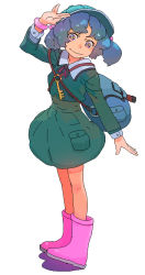Rule 34 | 1girl, alternate color, alternate eye color, alternate footwear, backpack, bag, blue hair, boots, bracelet, buttons, collar, dress, eyebrows, full body, hair bobbles, hair ornament, hand up, hat, jewelry, kawashiro nitori, key, long sleeves, multicolored eyes, neck ribbon, oekaki, parted bangs, pink footwear, pocket, ribbon, rubber boots, salute, shadow, simple background, sleeve cuffs, smile, solo, standing, tareme, touhou, twintails, two side up, vulcan salute, white background, yuji (masterpiece)