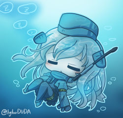 Rule 34 | 1girl, asimo953, blush, chestnut mouth, chibi, closed eyes, commentary request, cropped jacket, garrison cap, hair between eyes, hat, headgear, kantai collection, long hair, long sleeves, military, military uniform, pantyhose, puffy long sleeves, puffy sleeves, solo, swimsuit, swimsuit under clothes, twitter username, u-511 (kancolle), underwater, uniform, zzz