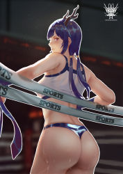 Rule 34 | 1girl, arknights, ass, bare shoulders, bikini, black bikini, blue hair, blurry, blurry background, breasts, ch&#039;en (arknights), closed mouth, cowboy shot, elbow rest, from behind, hair between eyes, highres, horns, jangsunyo, leaning, light particles, long hair, looking at viewer, looking back, medium breasts, red eyes, sidelocks, solo, sweat, swimsuit, tankini, thong