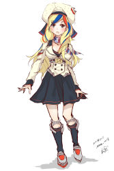 Rule 34 | 1girl, absurdres, anchor hair ornament, aqua eyes, belt, beret, black legwear, blonde hair, buttons, commandant teste (kancolle), commentary request, dated, double-breasted, dress, full body, hair ornament, hat, highres, jacket, kantai collection, long hair, multicolored clothes, multicolored hair, multicolored scarf, neve (morris-minicooper), plaid, plaid scarf, platform footwear, pom pom (clothes), red hair, rudder footwear, scarf, signature, socks, streaked hair, swept bangs, wavy hair, white background
