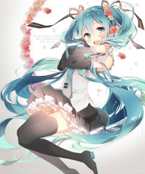 Rule 34 | 1girl, :d, anniversary, aqua eyes, aqua hair, blush, boots, character name, clothes lift, dated, detached sleeves, flower, frilled skirt, frills, hair between eyes, hair flower, hair ornament, hair ribbon, happy birthday, hatsune miku, holding, holding own hair, long hair, looking at viewer, naoto (tulip), necktie, open mouth, petals, pleated skirt, revision, ribbon, rose, skirt, skirt lift, smile, solo, tattoo, thigh boots, thighhighs, twintails, very long hair, vocaloid, zettai ryouiki