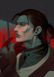 Rule 34 | 1boy, 9gu 84, abstract background, absurdres, black hair, closed mouth, collared shirt, highres, long hair, looking at viewer, loose hair strand, male focus, mature male, ponytail, portrait, scar, scar on chin, scar on face, scar on mouth, scar on nose, sergei dragunov, shirt, solo, tekken, two-tone gloves