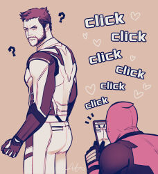 2boys ? ass beard bodysuit brown_hair cellphone cellphone_photo closed_mouth commentary_request deadpool deadpool_&amp;_wolverine deadpool_(series) facial_hair gloves heart highres holding holding_phone looking_at_another looking_back male_focus marvel marvel_cinematic_universe multiple_boys muscular pectorals pervert phone red_bodysuit sherlock7akane short_hair signature smartphone taking_picture two-tone_bodysuit wolverine_(x-men) yaoi