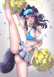 Rule 34 | 1girl, absurdres, animal ears, arm up, armpits, bangle, bare arms, bare legs, bare shoulders, black hair, blue archive, blue eyes, blush, bracelet, breasts, cheerleader, confetti, crop top, dog ears, dog girl, dog tail, eyewear on head, goggles, goggles on head, halo, hibiki (blue archive), hibiki (cheer squad) (blue archive), highres, holding, holding pom poms, jewelry, long hair, looking at viewer, midriff, millennium cheerleader outfit (blue archive), navel, open mouth, pom pom (cheerleading), pom poms, simple background, skirt, smile, solo, split, standing, standing on one leg, standing split, sticker on face, studiopokotan, tail, twintails, v