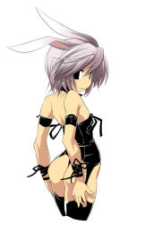 Rule 34 | 1girl, animal ears, armband, armlet, ass, bare shoulders, black bodysuit, bodysuit, choker, cropped legs, from behind, hermmy, latex, leotard, looking at viewer, looking back, original, rabbit ears, short hair, simple background, solo, standing, thighhighs, white background