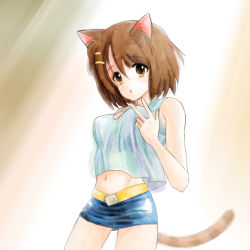 Rule 34 | 00s, 1girl, animal ears, breasts, brown eyes, brown hair, casual, cat ears, cat girl, cat tail, female focus, gradient background, hirasawa yui, k-on!, navel, short hair, solo, suika m, tail, white background