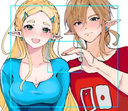 Rule 34 | 1boy, 1girl, blonde hair, blue eyes, blue shirt, blush, braid, breasts, cleavage, collarbone, earrings, green eyes, hair between eyes, hair ornament, hairclip, hatenokatasumi, highres, jewelry, link, long hair, long sleeves, looking at viewer, low ponytail, medium breasts, medium hair, nintendo, open mouth, parted bangs, pointy ears, princess zelda, red shirt, scar, scar on arm, scar on hand, shirt, sidelocks, smile, the legend of zelda, the legend of zelda: breath of the wild, upper body, viewfinder, white background