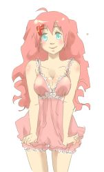 Rule 34 | ahoge, animated, animated gif, blinking, blush, breasts squeezed together, breasts, cleavage, english text, fakku, green eyes, long hair, momoka (fakku), nightgown, pink hair