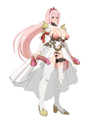 Rule 34 | 1girl, bottomless, breasts, breasts out, dildo, dress, dual wielding, happy, holding, huge breasts, huge dildo, large areolae, large nipples, long hair, looking at viewer, nipples, pink.s, pink hair, ponytail, puffy nipples, pussy, revealing clothes, sex toy, shionne (tales), solo, tales of (series), tales of arise, thighhighs, topless, very long hair