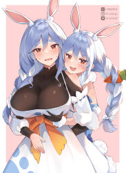 Rule 34 | 2girls, animal ear fluff, animal ears, black bodysuit, black gloves, blue hair, blush, bodysuit, bow, braid, braided ponytail, breasts, carrot hair ornament, cleavage, don-chan (usada pekora), dress, food-themed hair ornament, fur-trimmed dress, fur-trimmed gloves, fur trim, gloves, grabbing, grabbing another&#039;s breast, hair bow, hair ornament, hololive, large breasts, looking at viewer, mature female, mother and daughter, mr.canaryy, multicolored hair, multiple girls, open mouth, orange eyes, pekomama, rabbit-shaped pupils, rabbit ears, rabbit girl, short eyebrows, smile, streaked hair, symbol-shaped pupils, twin braids, usada pekora, usada pekora (1st costume), virtual youtuber, white bow, white dress, white hair