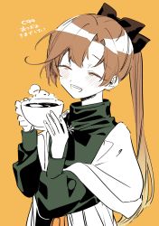 Rule 34 | 1girl, ^ ^, ^o^, akigumo (kancolle), blush, brown hair, brown ribbon, closed eyes, comiket, cup, deco (geigeki honey), closed eyes, green sweater, hair ribbon, highres, holding, holding cup, kantai collection, limited palette, long hair, long sleeves, mug, orange background, ponytail, ribbon, simple background, smile, steam, sweater, upper body