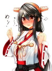 Rule 34 | !, 10s, 1girl, absurdres, bad id, bad nicoseiga id, bare shoulders, black hair, blush, breasts, brown eyes, clenched hands, detached sleeves, female focus, hair ornament, hairband, hairclip, haruna (kancolle), headgear, highres, japanese clothes, kantai collection, large breasts, long hair, nontraditional miko, open mouth, see-through, simple background, solo, tsukui kachou, wet, wet clothes, white background
