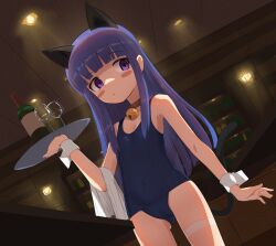 Rule 34 | 1girl, animal ears, arm at side, backlighting, bare arms, bell, blunt bangs, blush stickers, bottle, cat ears, cat tail, ceiling light, choker, closed mouth, covered navel, cowboy shot, cup, dark, drinking glass, dutch angle, expressionless, flat chest, from below, furude rika, gluteal fold, hand up, higurashi no naku koro ni, holding, holding tray, indoors, jingle bell, long hair, looking away, neck bell, purple eyes, purple hair, recklessdraw, school swimsuit, sidelocks, sideways glance, solo, standing, straight hair, swimsuit, tail, thigh strap, towel on arm, tray, waitress, white wrist cuffs, wine bottle, wine glass, wrist cuffs