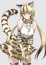 Rule 34 | 1girl, absurdres, animal ear fluff, animal ears, bare shoulders, belt, blonde hair, brown hair, commentary, cowboy shot, elbow gloves, extra ears, gloves, gradient hair, grey background, hair between eyes, high-waist skirt, highres, kemono friends, leaning to the side, long hair, looking at viewer, low twintails, miniskirt, multicolored hair, ocelot (kemono friends), ocelot print, orange eyes, print skirt, print thighhighs, shirt, simple background, skirt, sleeveless, sleeveless shirt, smile, solo, tail, tanabe (fueisei), thighhighs, twintails, very long hair, white shirt, zettai ryouiki