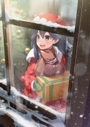 Rule 34 | 1girl, antlers, black hair, blush, box, breasts, brown eyes, brown scarf, christmas, christmas tree, fringe trim, gift, gift box, hair between eyes, holding, holding gift, horns, kantai collection, large breasts, long hair, long sleeves, mittens, mofu namako, open mouth, reindeer antlers, scarf, smile, snow, snowing, solo, ushio (kancolle), window