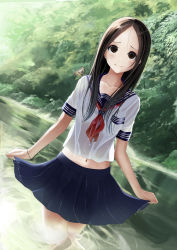 Rule 34 | 1girl, blouse, blue sailor collar, blue skirt, bra, bracelet, brown eyes, brown hair, bug, butterfly, closed mouth, clothes lift, collarbone, cowboy shot, day, dutch angle, forehead, insect, jewelry, kentaurosu, long hair, looking at viewer, midriff, nature, navel, neckerchief, original, parted bangs, partially submerged, pleated skirt, pond, sailor collar, school uniform, see-through, serafuku, shirt, short sleeves, skirt, skirt hold, skirt lift, smile, solo, standing, underwear, wading, water, wet, white bra, white shirt