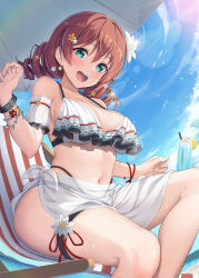 Rule 34 | 1girl, :d, absurdres, beach umbrella, bikini, blue sky, blush, bracelet, breasts, brown hair, chair, drill hair, emma verde, flower, green eyes, hair flower, hair ornament, hands up, highres, jewelry, large breasts, love live!, love live! nijigasaki high school idol club, navel, oku 1225, open mouth, sarong, sitting, sky, smile, solo, stomach, strap gap, swimsuit, thigh strap, thighs, twin drills, umbrella, white flower, white sarong, yellow flower