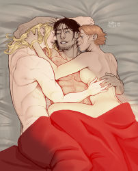Rule 34 | 1girl, 2boys, abs, absurdres, aftersex, alucard (castlevania), arm around waist, artist name, bed sheet, bisexual male, black hair, blonde hair, breast press, breasts, castlevania (netflix), castlevania (series), dhampir, group sex, half-human, hand on another&#039;s head, highres, large breasts, leg up, long hair, lying, lying on person, mmf threesome, multiple boys, orange hair, short hair, sypha belnades, threesome, trevor belmont, undead, vampire