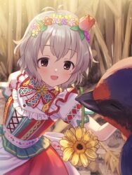 Rule 34 | 1girl, antenna hair, bird, blush, bow, breasts, brown eyes, dress, dress bow, flower, grey hair, hair flower, hair ornament, hairband, idolmaster, idolmaster cinderella girls, idolmaster cinderella girls starlight stage, looking at another, lunalight-dg, mole, mole under eye, multicolored clothes, multicolored dress, narumiya yume, neck ribbon, open mouth, ribbon, short hair, short sleeves, small breasts, smile, solo