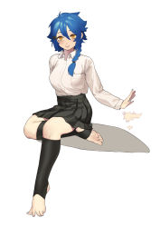 Rule 34 | 1girl, absurdres, afterimage, b9 (rrrqqq), black skirt, black socks, blue hair, blue nails, braid, breasts, closed mouth, collared shirt, commentary request, dress shirt, full body, hair between eyes, hair over shoulder, highres, kneehighs, long hair, long sleeves, looking at viewer, nail polish, no shoes, original, pleated skirt, shadow, shirt, simple background, single braid, skirt, small breasts, smile, socks, solo, stirrup legwear, toeless legwear, white background, white shirt, yellow eyes