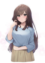 Rule 34 | 1girl, alternate costume, black hair, blue shirt, blush, breasts, brown skirt, closed mouth, cowboy shot, cropped torso, hand up, idolmaster, idolmaster shiny colors, large breasts, long hair, looking at viewer, pepeo, pleated skirt, ruffling hair, shirt, simple background, skirt, smile, solo, tsukioka kogane, white background