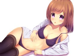 Rule 34 | 1girl, :o, amane 1906, arm support, black bra, black panties, black thighhighs, blouse, blush, bra, breasts, brown eyes, brown hair, cleavage, collarbone, double horizontal stripe, dress shirt, groin, hair ornament, hairclip, highres, light blush, long sleeves, looking at viewer, lying, medium breasts, medium hair, mole, mole on breast, navel, no pants, off shoulder, on side, open clothes, open shirt, original, panties, parted lips, print thighhighs, shadow, shirt, simple background, skindentation, solo, strap slip, swept bangs, thigh gap, thighhighs, thighs, underwear, white background, white shirt