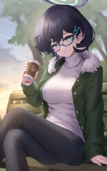 Rule 34 | 1girl, absurdres, black hair, black pants, blue-framed eyewear, blue archive, blue halo, chihiro (blue archive), closed mouth, coffee cup, crossed legs, cup, disposable cup, glasses, green eyes, green jacket, hair between eyes, halo, highres, holding, holding cup, jacket, long sleeves, open clothes, open jacket, pants, ribbed sweater, short hair, sitting, smile, solo, sweater, white sweater, yakishio (yakishio 236)