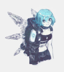 Rule 34 | 1girl, blue eyes, blue hair, breasts, character print, cirno, clenched teeth, cropped legs, cyborg, eyeshadow, from above, grey background, hair between eyes, highres, ice, ice wings, leaning forward, loftyanchor, looking at viewer, makeup, medium breasts, midriff, navel, pale skin, screen, self character print, short hair, simple background, single bare arm, solo, teeth, touhou, wings