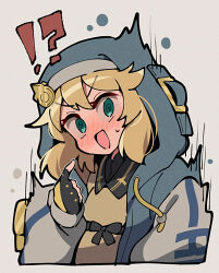 Rule 34 | !?, 1boy, @ @, androgyne symbol, aqua eyes, black gloves, blonde hair, blush, bridget (guilty gear), brown dress, commentary request, dress, embarrassed, fingerless gloves, full-face blush, gloves, guilty gear, guilty gear strive, habit, highres, hood, hood up, hooded jacket, itsuka neru, jacket, looking at viewer, male focus, medium hair, open clothes, open jacket, open mouth, pointing, pointing at self, sweatdrop, trap