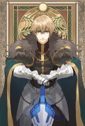 Rule 34 | 1boy, armor, blonde hair, fate/grand order, fate (series), gawain (fate), green eyes, hand on hilt, highres, holding, holding sword, holding weapon, knight, korean commentary, looking at viewer, male focus, seomouse, short hair, solo, sword, weapon