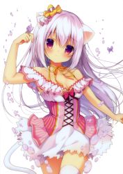 Rule 34 | 1girl, absurdres, animal ears, blush, bow, breasts, bug, butterfly, butterfly on hand, cat ears, cat tail, choker, cleavage, collarbone, coron (canvas+garden), cowboy shot, dress, floating hair, hair between eyes, hair ornament, head tilt, highres, huge filesize, insect, long hair, looking at viewer, medium breasts, miyasaka naco, original, red bow, red eyes, ribbon, ribbon choker, short dress, silver hair, sleeveless, sleeveless dress, solo, standing, tail, thighhighs, very long hair, white dress, white thighhighs, yellow bow, yellow ribbon