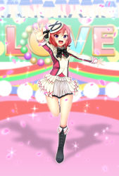 Rule 34 | 1girl, :d, absurdres, black bow, black bowtie, black footwear, black ribbon, boots, bow, bowtie, copyright name, full body, hair between eyes, hat, hat ribbon, highres, leg up, looking at viewer, love live!, love live! school idol project, miniskirt, nishikino maki, open mouth, outstretched arms, purple eyes, red hair, ribbon, short hair, skirt, smile, solo, sore wa bokutachi no kiseki, sparkle, standing, standing on one leg, white hat, white skirt, yu-ta