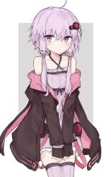 Rule 34 | 1girl, ahoge, bare shoulders, black jacket, blush, border, bracelet, closed mouth, collarbone, cowboy shot, criss-cross halter, dress, empire waist, grey background, hair ornament, halter dress, halterneck, highres, jacket, jacket partially removed, jewelry, light purple hair, long sleeves, looking at viewer, open clothes, open jacket, outside border, pink jacket, purple dress, purple eyes, purple thighhighs, ribbed dress, ribbed thighhighs, short dress, short hair with long locks, sleeves past wrists, solo, subaritsuku, thighhighs, v arms, vocaloid, voiceroid, white border, yuzuki yukari, zettai ryouiki