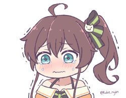 Rule 34 | 1girl, ahoge, blue eyes, blush, brown hair, crying, crying with eyes open, green ribbon, hololive, kukie-nyan, natsuiro matsuri, natsuiro matsuri (1st costume), neck ribbon, off-shoulder jacket, off shoulder, one side up, ribbon, simple background, solo, tears, twintails, upper body, virtual youtuber, wavy mouth, white background