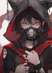 Rule 34 | 1girl, animal ears, animal hood, black hair, black shirt, chain, collarbone, commentary, cuffs, english commentary, fake animal ears, fangs, grey background, hair between eyes, hands up, highres, hood, hood up, looking at viewer, marumoru, muzzle, open mouth, original, puffy short sleeves, puffy sleeves, red eyes, shirt, short sleeves, simple background, solo, upper body