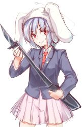 Rule 34 | 1girl, animal ears, bayonet, blazer, blue hair, buttons, collared shirt, cowboy shot, gun, highres, holding, holding gun, holding weapon, jacket, long sleeves, looking at viewer, necktie, oborofu, pink skirt, pleated skirt, rabbit ears, red eyes, red necktie, reisen, rifle, shirt, short hair, simple background, skirt, smile, solo, touhou, two-handed, weapon, white background, white shirt