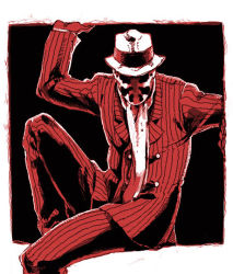 Rule 34 | 1boy, bad id, bad pixiv id, dc comics, fedora, formal, gloves, hat, looking at viewer, male focus, mask, monochrome, picoheads, pinstripe pattern, red theme, rorschach, sitting, solo, striped, suit, watchmen