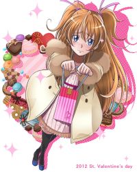 Rule 34 | 10s, 1girl, 2012, black thighhighs, blue eyes, blush, brown hair, candy, checkerboard cookie, chocolate, coat, cookie, doughnut, dutch angle, embarrassed, english text, eyelashes, food, from above, fur coat, fur collar, fur trim, gift, gift bag, giftbag, hair ribbon, heart, highres, houjou hibiki, incoming gift, long hair, looking at viewer, macaron, mahkn, pastry, precure, ribbon, shadow, solo, sparkle, sprinkles, standing, suite precure, sweets, thighhighs, two side up, valentine, white background, winter, winter clothes