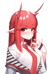 Rule 34 | 1girl, absurdres, arknights, beudelb, black jacket, blush, breasts, collared shirt, hair ornament, hairclip, hand up, highres, jacket, jewelry, long hair, looking at viewer, medium breasts, nail polish, necktie, off shoulder, open clothes, open jacket, red eyes, red hair, red nails, red necktie, ring, shirt, simple background, solo, upper body, vigna (arknights), white background, white shirt